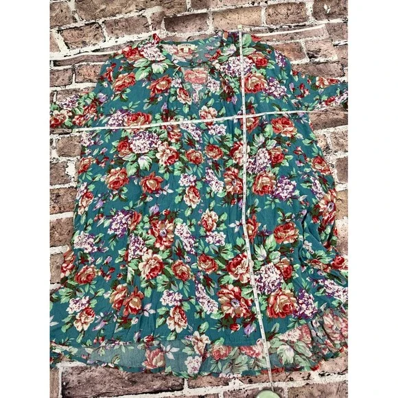 Umgee USA Womens Tunic Top Teal Floral 3/4 Sleeve Keyhole Neckline Size L‎ - Picture 7 of 9